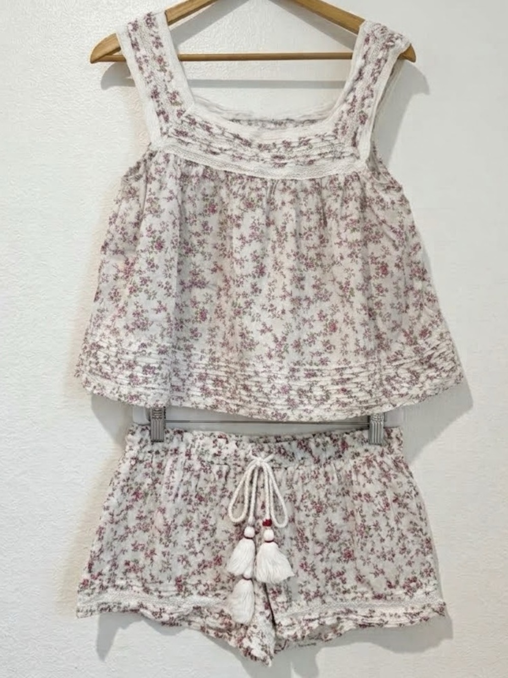 Rachel Ashwell Shabby Chic Floral 100% Cotton Lace Trim Sleep Cami Shorts Set M